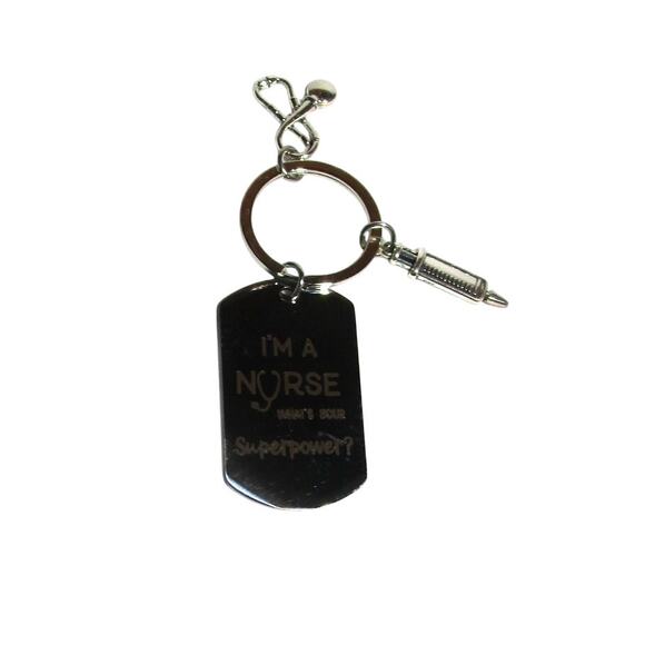 Nurse Keychain Silver Metal Nursing Superpower with Stethoscope Syringe Charms - Picture 1 of 3